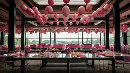 Pink themed outdoor table setup for a community fundraiser event during sunset