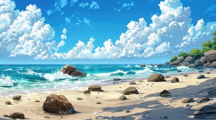 A beach scene featuring rocks a bright blue sky with fluffy white clouds waves breaking on the shore and scattered rocks on the beach
