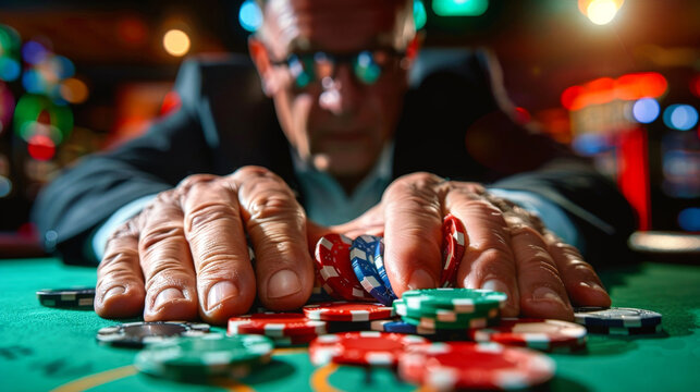 A close-up image of a casino players hands placing bets on a roulette table. The player is focused and intent on the game