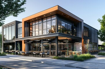 Obraz premium Two-story cafe exterior with large windows and grey walls, mock-up, Design
