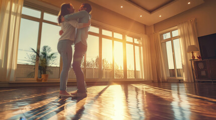 A happy couple embraces in their new home, bathed in the warm glow of the setting sun