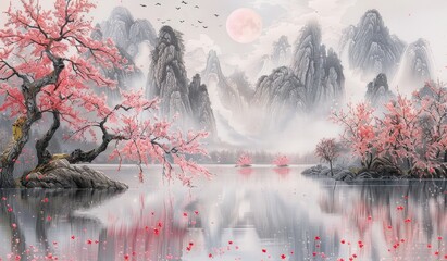 Painting of a beautiful, peaceful landscape with mountains and trees, asian, scenic view