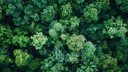 An enchanting aerial perspective reveals a lush forest canopy of verdant trees A drone survey captures the essence of abundant greenery symbolizing the absorption of CO2 This natural backdr