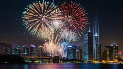 Illuminated night skyline with fireworks and vibrant city lights reflecting on water