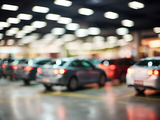 Fototapeta premium market, mall parking lot traffic at night with blurred streaks of car lights captures the essence of the image you described