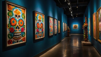 Exhibition room with colorful skull paintings capturing cultural and traditional beauty