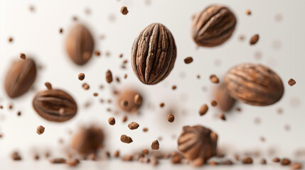 Fototapeta premium Whole Nutmeg Hovering in Mid-Air on White Background