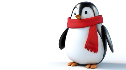 3D Cartoon Penguin Wearing Red Scarf Waddles on White Background