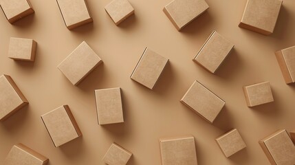 Brown cardboard boxes scattered on a beige background, perfect for product display mock-ups.