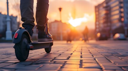 Fototapeta premium Close up of man riding black electric kick scooter at cityscape at sunset