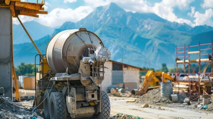 Electric cement mixer at construction site with mountain backdrop Close up shot Focus on mixer Empty space available