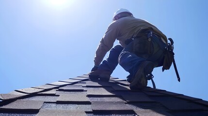 Roofer Repairing Shingles on Suburban House Roof with Clear Blue Sky
