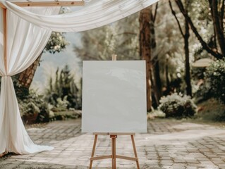 Empty poster on easel on wedding ceremony boho style