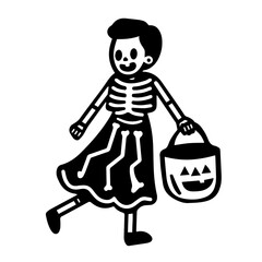 ハロウィンの仮装をした女性がカボチャのバケツを持って立っている可愛いシンプルな落書きベクターイラスト