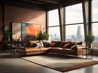 Light-filled modern living room with a comfy sofa and stylish furniture creates an inviting atmosphere