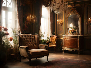 Obraz premium Sunlit living room in a luxury hotel features a fireplace and plush furniture