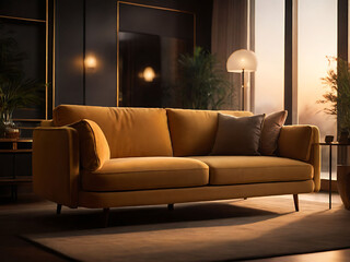 Light-filled modern living room with a comfy sofa and stylish furniture creates an inviting atmosphere
