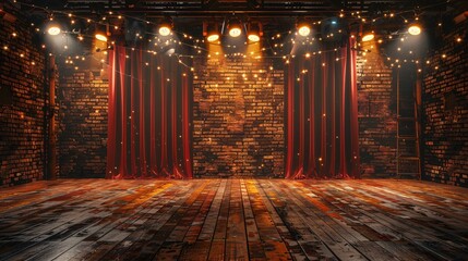 Theatrical stage with red curtains, wooden floor, and spotlights illuminating a brick wall...