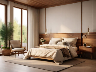Spacious, light-filled bedroom with a comfortable bed invites relaxation in a modern design