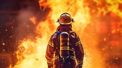 Firefighter works in burning building, fireman on flame background
