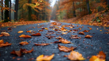Autumn leaves on a narrow asphalt road in Pl??nterwald