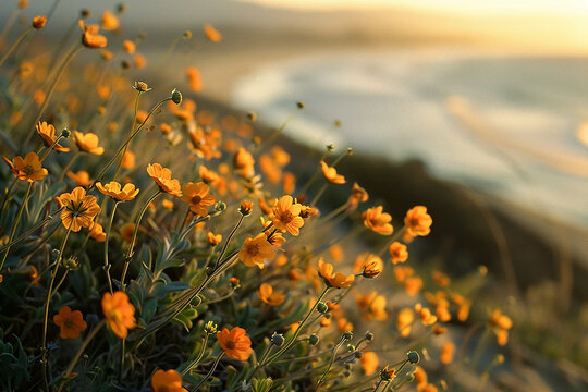 Beautiful wildflowers on the beach at sunset in Santa Barbara. Blurry light bokeh creates a picturesque view of the California coastal landscape with dunes and ocean waves in the background. Sand dune