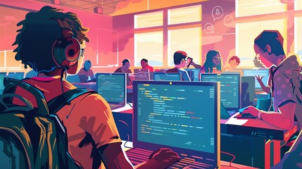 A group of students learning to code in a classroom