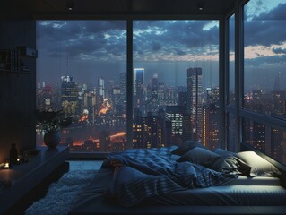 penthouse bedroom at night, dark gloomy, A room with a view of the city from the bed, generative ai