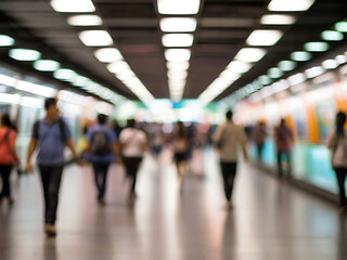 A blurred , bokeh busy urban scene with travelers hurrying through a brightly lit airport terminal, a subway station, and a crowded underground train