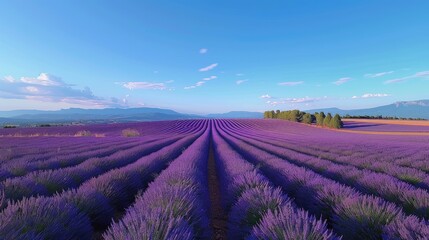 Fototapeta premium The serene beauty of the lavender fields in Provence, France, stretching out under a clear blue sky