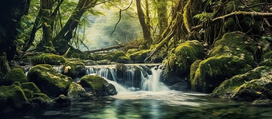 Fototapeta premium Panoramic beautiful deep forest waterfall