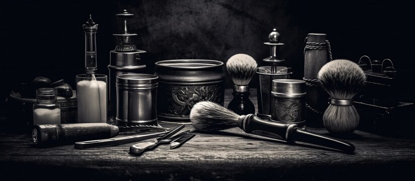 On a black dusty surface are old barber tools.