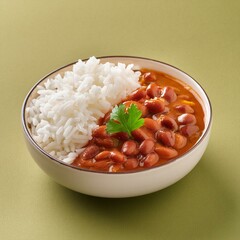 Indian food spicy kidney beans curry also called as rajma masala curry, rajma chawal or rajmah chawal with rice 
