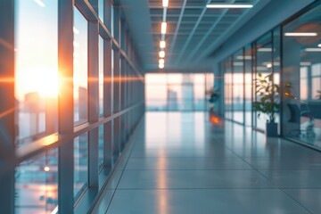 Beautiful blurred background of a light modern office interior with panoramic windows and beautiful lighting.