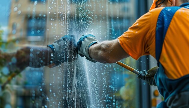 The close-up image shows a worker performing a window cleaning service with great care and focus