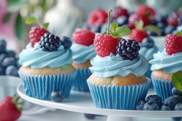 Elegant blue frosted cupcakes with fresh berries, perfect for celebrations and dessert tables.