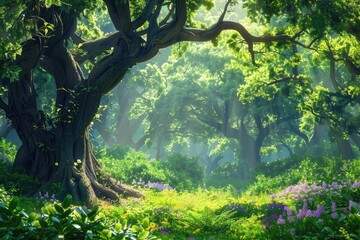 Fototapeta premium A beautiful fairytale enchanted forest with big trees and great vegetation. Digital painting background