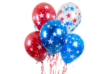 balloons decorated with stars and stripes in vibrant red, white, and blue, floating gently, isolated on a white PNG