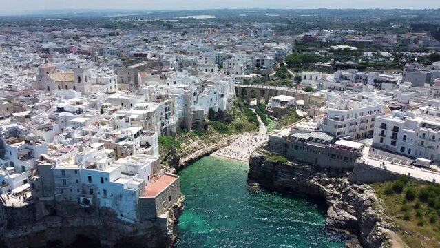 Aerial 4K footage of the seaside town of Polignano a Mare in the Apulia region of southern Italy