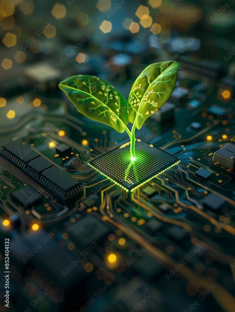 Poster Glowing plant growing on computer chip representing digital ecology business and blurred background