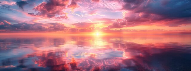 A dazzling pink sunset reflected in the calm waters of a tranquil lake, creating a mesmerizing display of light and color.