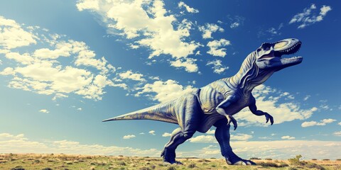 Fototapeta premium A Tyrannosaurus Rex dinosaur stands in a grassy field under a blue sky with white clouds