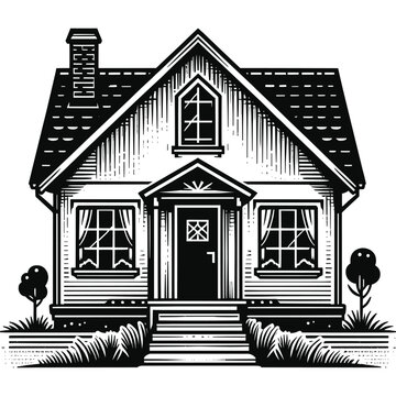 recommend clip art: Wooden House silhouette with trees on background flat vector illustration, Minimal House on white background