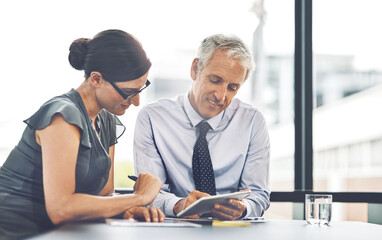 Businessman, woman or tablet for discussion, mentor and corporate as feedback and review for questions. Plan, boss and professional advice, coaching and communication for support, update and report