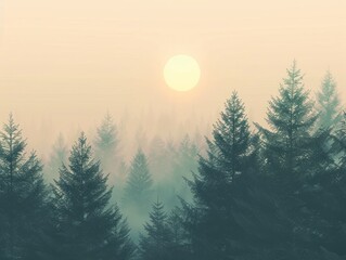 Fototapeta premium Misty landscape with fir forest in vintage retro style. Generative AI