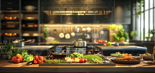 The photo shows a variety of fresh vegetables and fruits on a kitchen counter. There is a large window in the background and a variety of kitchen utensils on the shelves.