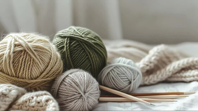 Craft hobby background with yarn in natural colors. Recomforting, destressing hobby for cold fall and winter weather