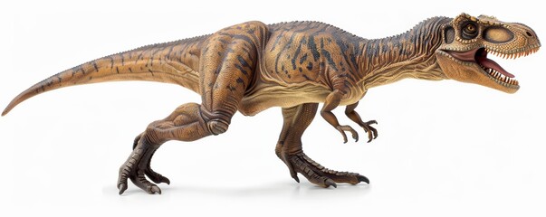 Obraz premium A close-up view of a realistic Tyrannosaurus Rex dinosaur toy. The dinosaur is brown and tan and has a textured skin. It is isolated on a white background
