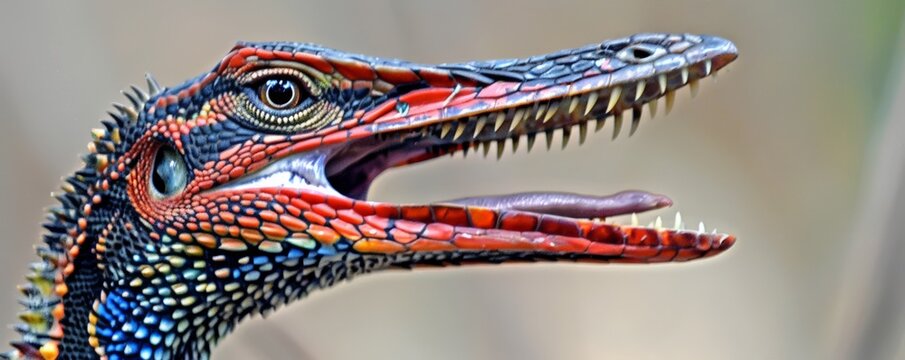 A close-up image of a colorful lizard with its mouth open, revealing sharp teeth
