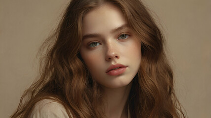 Naklejka premium Beautiful Woman with Long Curly Hair, Subtle Makeup, Beige Background